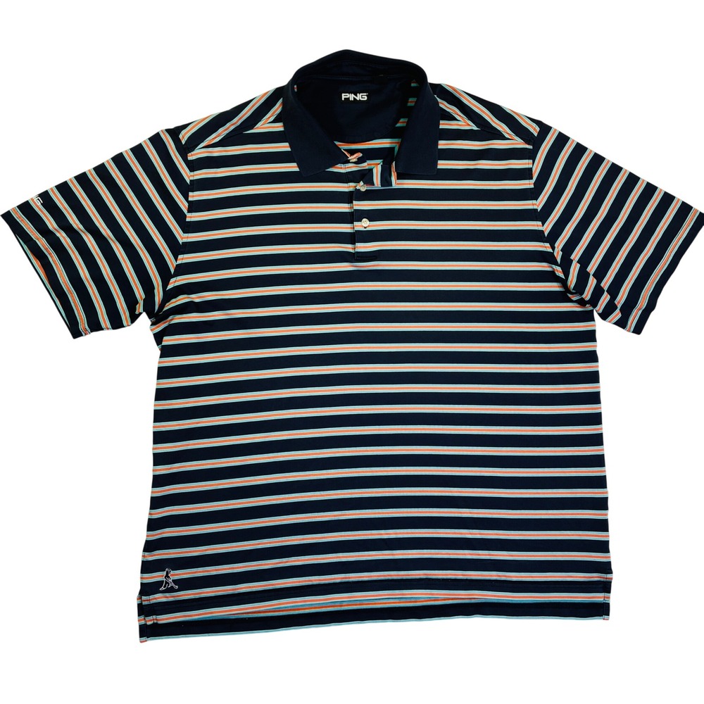 Ping Golf Polo Shirt Mens XL Navy Blue Orange Striped Short Sleeve Performance - Picture 1 of 9